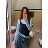 Chique e única T-shirt azul de manga comprida de duas peças estilo coreano para mulheres, perfeita para o início do outono, uma blusa deslumbrante e bonita para usar sozinha
