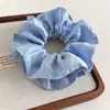 Scrunchie Plissado Grande de Cetim Dupla Camada Estilo Coreano para Mulheres no Trabalho Laço de Cabelo em Tons de Azul para Rabo de Cavalo ou Coque