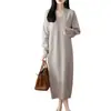 Vestido de Tricô Emagrecedor Estilo Tesoura Gola Alta Outono/Inverno 100% Lã Modelo Longo Suéter de Manga Longa Feminino Vestido Base Acima do Joelho
