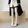 Primeiro Encontro Temporada 7cm Botas Longas Elegantes Femininas Salto Alto Salto Bloco Botas de Couro Botas Elásticas Emagrecedoras Botas Off-White Acima do Joelho