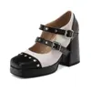 Zapatos Planos de Nuevo Estilo con Tira de Color Bloqueado y Remaches para Mujer, Punta Cuadrada, Suela Gruesa, Tacones Gruesos Altos, Zapatos Mary Jane, Tallas 33-48, Zapatos de Exportación