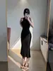 Estilo de deseo puro, vestido chaleco sin mangas de cuello semi-alto para mujer, ajustado, ceñido a la cintura, adelgazante, sexy, que se ajusta a la cadera, vestido midi de cola de pez