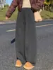 Calça de Lã Grossa Cinza Escuro com Barra Curva Feminina Outono Novo Cintura Alta Emagrecedora Wide-Leg Calça Esportiva de Perna Reta com Veludo