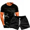Nova Moda Masculina Esportiva Fitness Camuflada Manga Curta Camiseta de Verão Fina Conjunto de Camisetas de Manga Curta