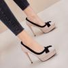 639-13 Plataforma Impermeável Stiletto Saltos Moda Feminina 12cm Bloco de Cor Arco Apontado Toe Sapatos Mulheres