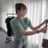 Suéter de Punto Grueso Cálido con Cuello Redondo y Mangas Cortas de Pelo de Alta Gama Dongdaemun Coreano de Uso Individual Top de Punto con Mangas Abullonadas para Mujer