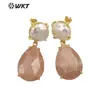 WT-E696 Pendientes Medianos de Estilo de la Corte China con Piedras de Colores y Perla de Agua Dulce para Mujer, Pendientes para el Viaje Diario