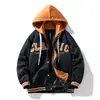 Chamarra holgada de invierno para hombre, moderna, con bloques de color, casual, de imitación de dos piezas, acolchada de algodón, con capucha, tipo béisbol
