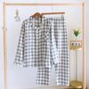 Pijama de mujer de algodón de doble capa de gasa de manga larga de primavera y verano fino para el hogar pareja a cuadros traje japonés simple para hombre