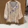 Verão Novo Estilo Chinês Imitação de Ráfia Bordado Digital Pulôver Top Abertura Diagonal Gola Redonda Botão de Sapo Retrô Camiseta Feminina