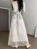 Saia Midi Patchwork de Renda Estilo Francês Feminina Primavera Verão Nova Cintura Elástica Emagrecedora Vestido Princesa Bordado Vazado Saia Longa
