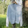 Cárdigan de punto para mujer, cuello en V, cepillado, de un solo botón, 100% cachemira pura, otoño e invierno, corte holgado, efecto adelgazante, con botones de perla