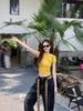 Top Cropped Retrô Amarelo com Letras de Strass Desejo Puro Manga Curta Novo Verão Ombro Regular Ajuste Slim Estilo Americano Menina Quente