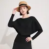Blusa estilo Miyake com manga morcego, design para primavera e outono, cor sólida, camiseta com cintura fina, manga longa, versátil e moderna, roupas femininas