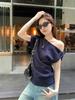 Camiseta feminina estilo coreano, nova moda verão 2025, estilo retrô, folgada, com ombros inclinados, manga curta