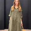 2024 Verano Europeo y Americano Amazon Casual Camisa de Bolsillo Cuello Vestido Largo Casual Mezcla de Algodón Lino talla extra Mujer