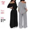 Conjunto de Pantalones Anchos con Cuello Diagonal Transfronterizo Europeo y Americano 2026 Primavera/Verano para Mujer Casual Color Sólido Deportivo Conjunto de Dos Piezas Holgado de Pantalones Largos