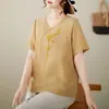 2025 Nuevo Algodón y Lino Artístico Manga Corta Bordado con Toalla Estilo Étnico Camiseta Bordada de Verano Transpirable Holgada Top para Mamá