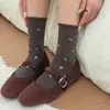 Calcetines apilados color marrón Maillard para otoño e invierno para mujer, estilo japonés con bordes festoneados, estampado floral, lazo, calcetines de media pantorrilla para combinar con zapatos Birkenstock