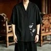 Camiseta ligera de verano para hombre con mangas de tres cuartos, estilo chino nuevo, bordado de grulla, cuello en V, corte holgado, camisa Hanfu inspirada en el Zen