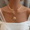 Colar de Girassol de Metal Popular Transfronteiriço Europeu e Americano, Corrente para Clavícula com Pingente Versátil de Chama Solar em Camadas de Alta Qualidade