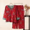 Pijama Feminino Estilo Chinês Algodão Puro Gaze Dupla Camada Primavera e Verão Fino Calça Manga Três Quartos Conjunto Vermelho Vivo