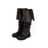 Versión de piel de vaca plegables de dos usos arrugados apilados botas mujer retro hebilla de cuero hasta la rodilla botas largas tacón grueso suela gruesa botas de jinete