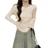 Camiseta de manga larga fina de algodón de primavera y otoño, color liso, cintura plisada, ajustada, corta, para mujer