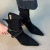 Botas para mujer 2025 nuevo estilo, elegantes y versátiles, de ante con punta fina, correa cruzada con hebilla, cierre de cremallera trasera, tacón de aguja, botines
