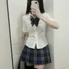 Uniforme JK Original de Verano Cintura Camisa Blanca Manga Corta Sexy Estilo Preppy para Mujer Traje de Falda Cuadros Corta Perro Otoño