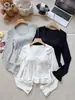 5317# Camiseta com Renda de Orelha de Madeira, Gola Redonda, Manga Longa para Mulheres, Emagrecimento, Mostra a Figura, com Bojos, Roupa Externa, Camada de Base