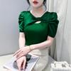 2024 verão novo estilo elegante V-neck laço t-shirt mulheres de manga curta moda puff-sleeved top slim-fit slim-fit camisa pequena