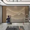 Papel de parede com treliça de madeira estilo Novo Chinês moderno, mural decorativo estilo paisagem, tecido para parede de fundo de TV na sala de estar, papel de parede para sala de chá