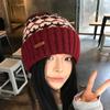 Gorro de lana jacquard de moda coreana a juego para mujer, de otoño e invierno, grueso, resistente al frío, cálido, con protección para las orejas, de punto, gorro Baotou