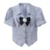 Camisa Rayada Dulce y Fresca con Lazo Top de Manga Corta para Mujer Cintura Ceñida Costuras Verano Vintage Chica Picante Camisa Corta para Mujer