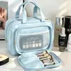 Nova bolsa de maquiagem azul claro 2026, grande capacidade, à prova d'água, com compartimentos e camadas, uma bolsa de armazenamento luxuosa e portátil