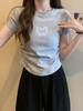 Camiseta de Hombro Dulce y Picante Estampada de Manga Corta para Mujer 2024 Nuevo Verano Corta Ajustada Ajustada Interior Camiseta Top