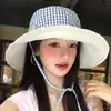Sombrero de Pescador de Ala Ancha con Lazos a Cuadros de Doble Cara para Mujer, Sombrero de Sol para Exteriores de Verano, Sombrero de Sol de Alta Gama