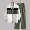 Traje de Hombre Transfronterizo para Primavera y Otoño, Cuello Alto, Manga Larga, Bloques de Color, Camisa de Botones, Pantalones de Color Sólido con Cordón, Conjunto de Dos Piezas