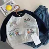 Suéter Infantil Raglan Color Block 2026 Outono Novo Estilo Coreano Casual Jaqueta de Tricô Cartoon para Meninos e Meninas
