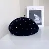 Boina de Lana Hecha a Mano Elegante Versátil con Perlas para Mujer, Sombrero de Artista Elegante Versátil de Invierno, Sombrero de Calabaza Cálido y Resistente al Frío