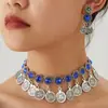 1 Juego de Moda Retro Estilo Medio Oriente Colgante de Moneda con Pedrería Personalidad Temperamento Collar Pendientes para Mujer Conjunto de Joyería para Mujer