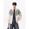 Jaqueta jacquard com gola alta, cardigã de estilo casual, corte solto, suéter de outono Fair Isle com zíper duplo, tricô vintage masculino