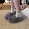 Pantuflas de medio zapato peludas de punta cerrada con suela gruesa para mujer 2026 Invierno Exterior Otoño/Invierno Cálidas Retro Birkenstock Pantuflas Esponjosas