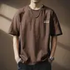 Camiseta Masculina de Manga Curta Lavada com Enzimas Estilo Retro Americano de Alta Qualidade, Top Soltinho com Bordado de Letras para Outono