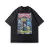 Camiseta Vintage de Manga Curta Lavada Estilo Europeu e Americano Streetwear Estampa de Desenho Animado para Homens, Camiseta Hip-Hop de Manga Três Quartos com uma Vibe Elegante