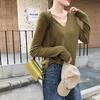 Camiseta Base Ajustada para Mujer en Otoño e Invierno con Jersey Estilo Coreano Versátil Efecto Adelgazante Cuello en V Tejido de Punto Suave Tácto Ceroso Manga Larga