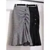 Falda de punto retro a cuadros transfronteriza europea y americana para mujer, nueva falda de otoño e invierno de cintura alta, longitud media, con abertura, ajustada a la cadera