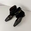 Em estoque/Botas de tornozelo quadradas vintage em couro macio com tiras trançadas, zíper traseiro, salto médio, botas western vazadas Mary Jane para mulheres