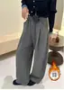 Pantalones Auténticos de Lana Gruesos de Pierna Ancha con Forro Polar para Otoño e Invierno para Mujer, de Cintura Alta con Cordón, Holgados, Adelgazantes, con Caída, Casuales